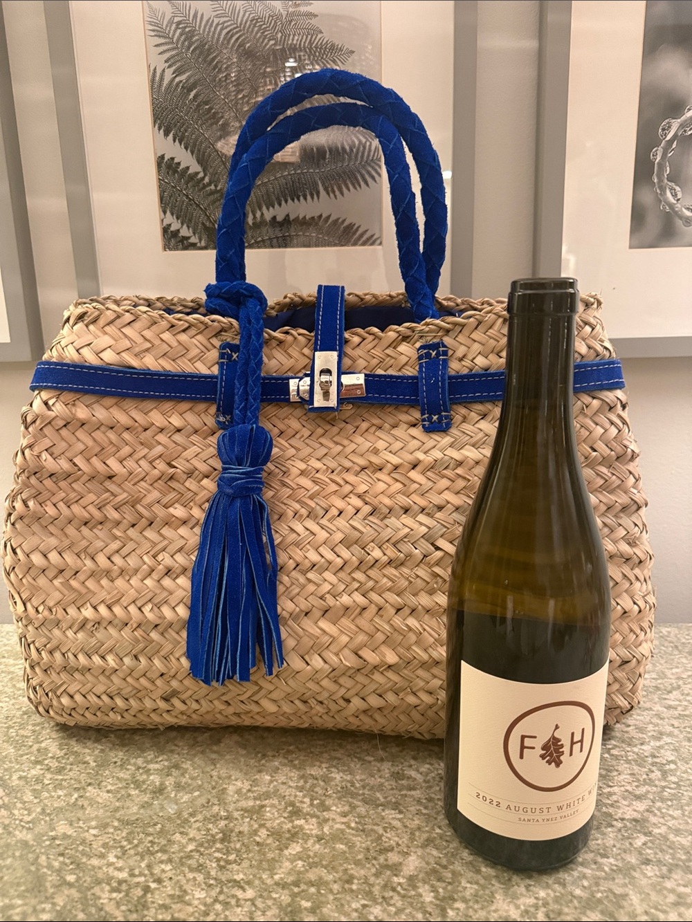 Brand new stunning woven straw tote w blue suede braided handles and tassel